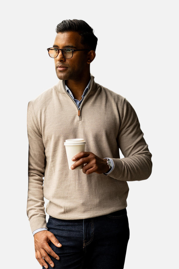 Collars & Co Cashmere Touch Australian Merino Quarter Zip in Oatmeal