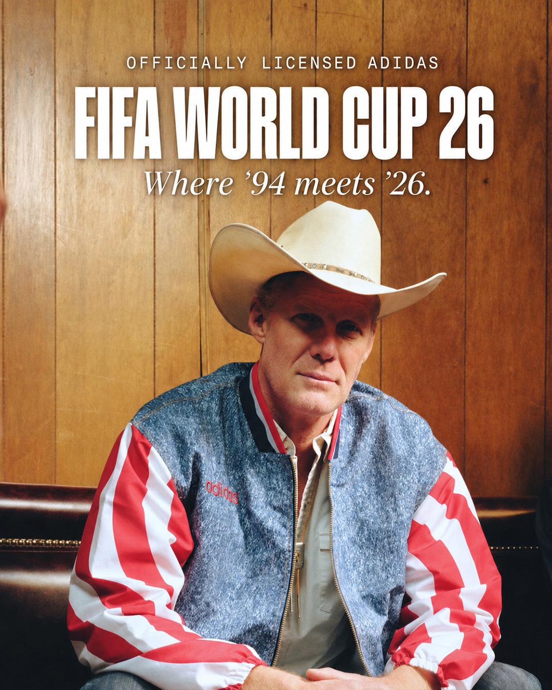 Alexi Lalas wearing the Adidas USA 94 denim track jacket and white cowboy hat for the FIFA World Cup 26 collection at CHROME
