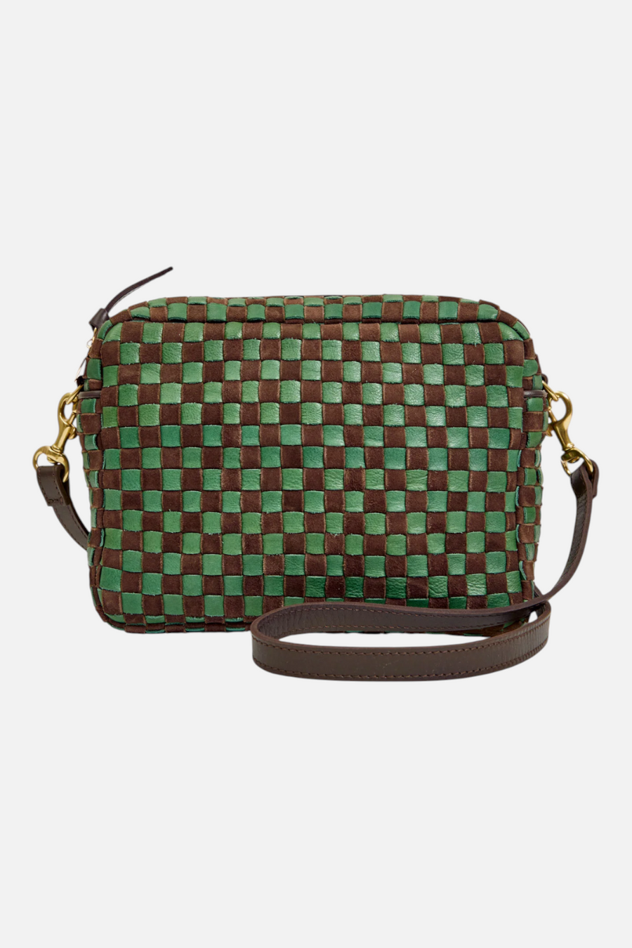 Clare V Midi Sac Suede in Deep Pine and Chocolate Woven Checker – back view