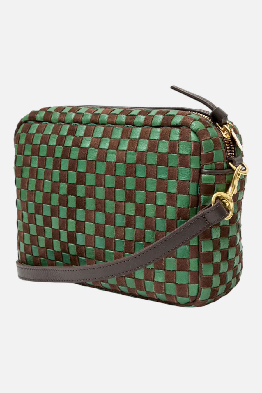 Clare V Midi Sac Suede in Deep Pine and Chocolate Woven Checker – front view