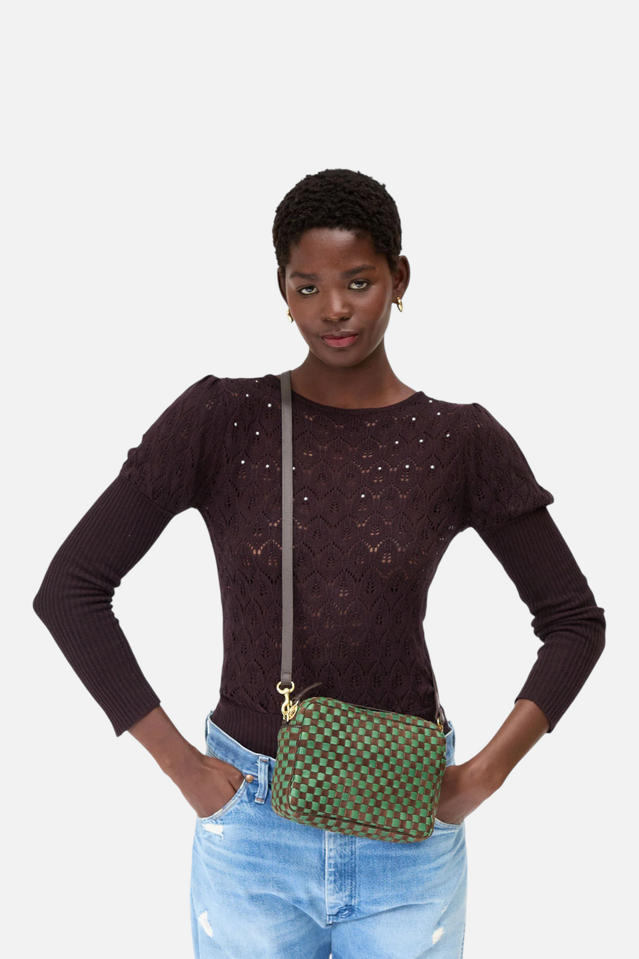 Clare V Midi Sac Suede in Deep Pine and Chocolate Woven Checker – side view