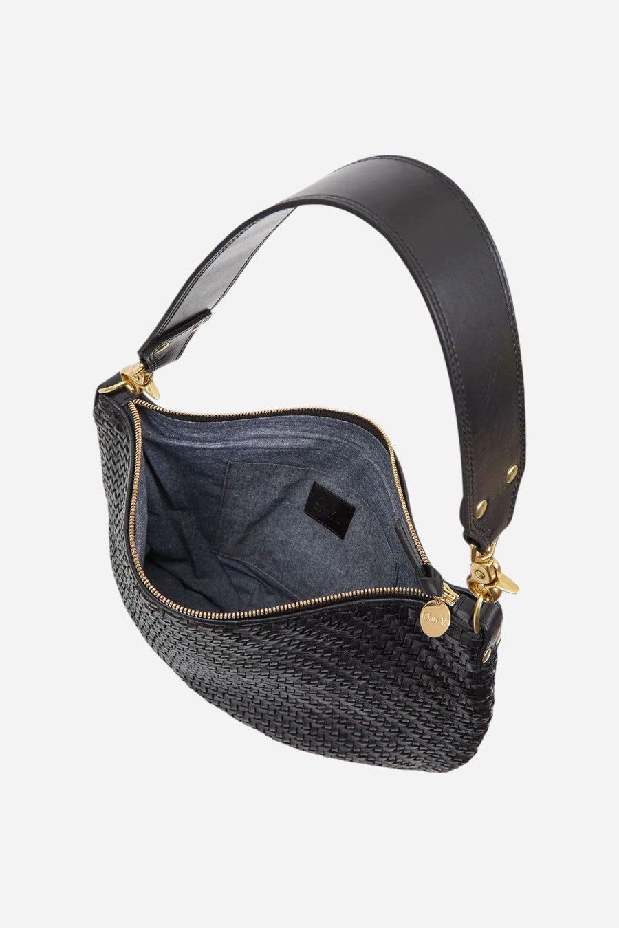 Clare V Moyen Messenger in Black Zig Zag – flat lay