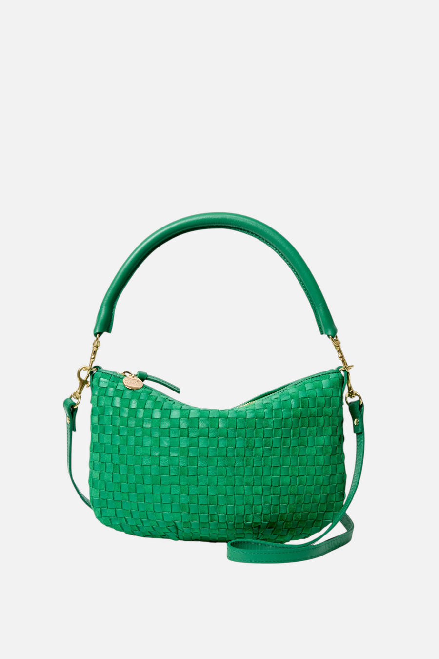 Clare V Petit Moyen Messenger in Grass Woven Checker – front view