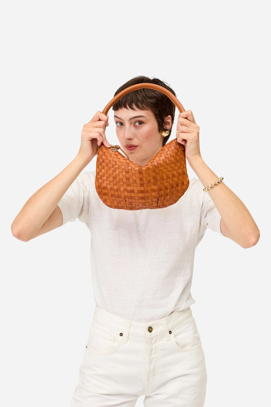 Clare V Petit Moyen in Natural Woven Checker – side view