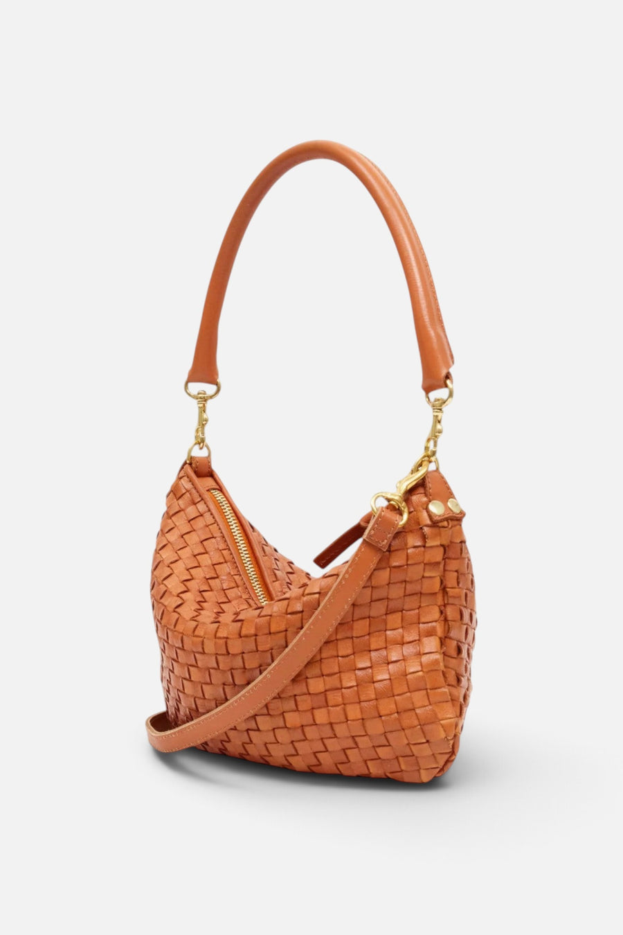 Clare V Petit Moyen in Natural Woven Checker – three-quarter view