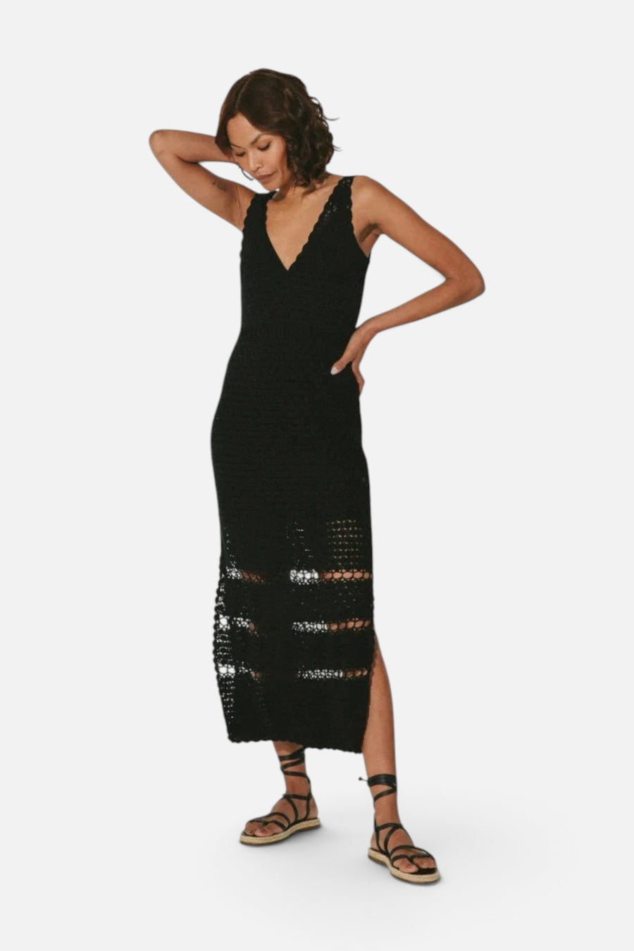 Cleobella Diah Crochet Midi Dress in Black – front view