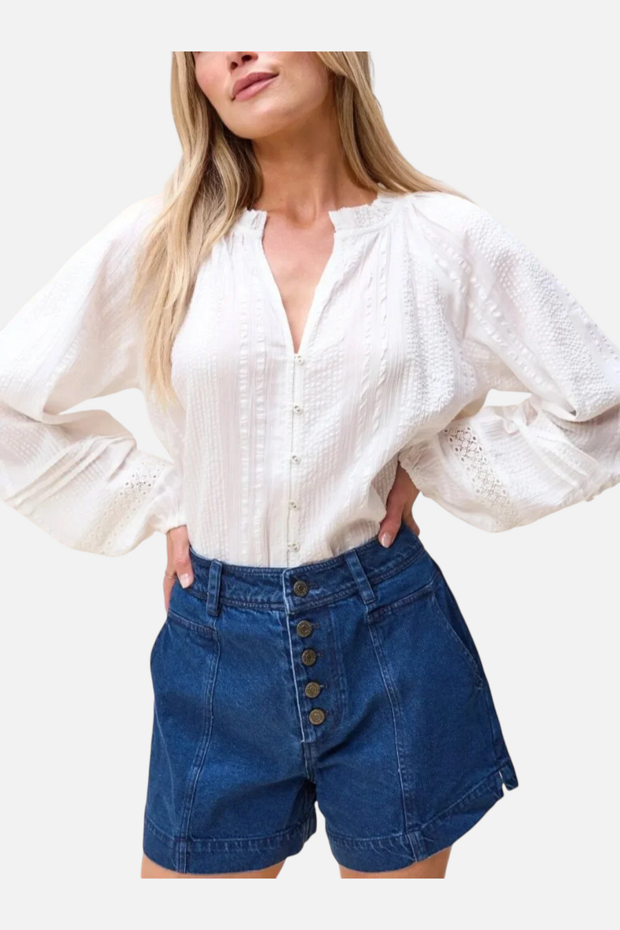 Cleobella Organic Cotton Seersucker Alicia Blouse in Ivory – detail