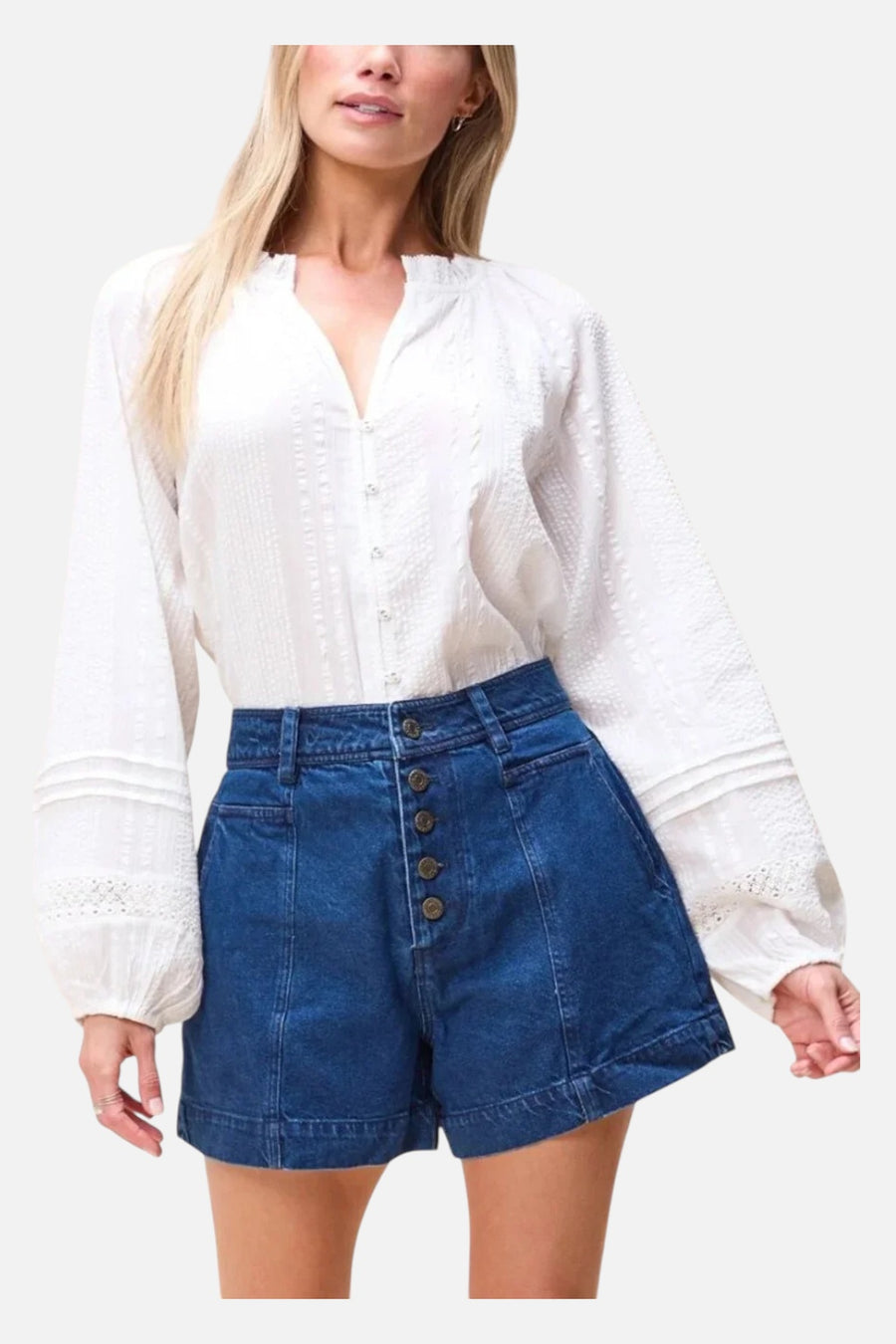 Cleobella Organic Cotton Seersucker Alicia Blouse in Ivory – on model