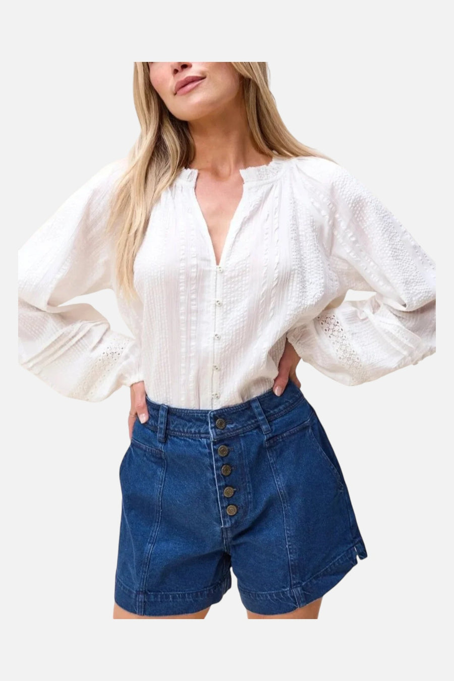 Cleobella Organic Cotton Seersucker Alicia Blouse in Ivory – on model