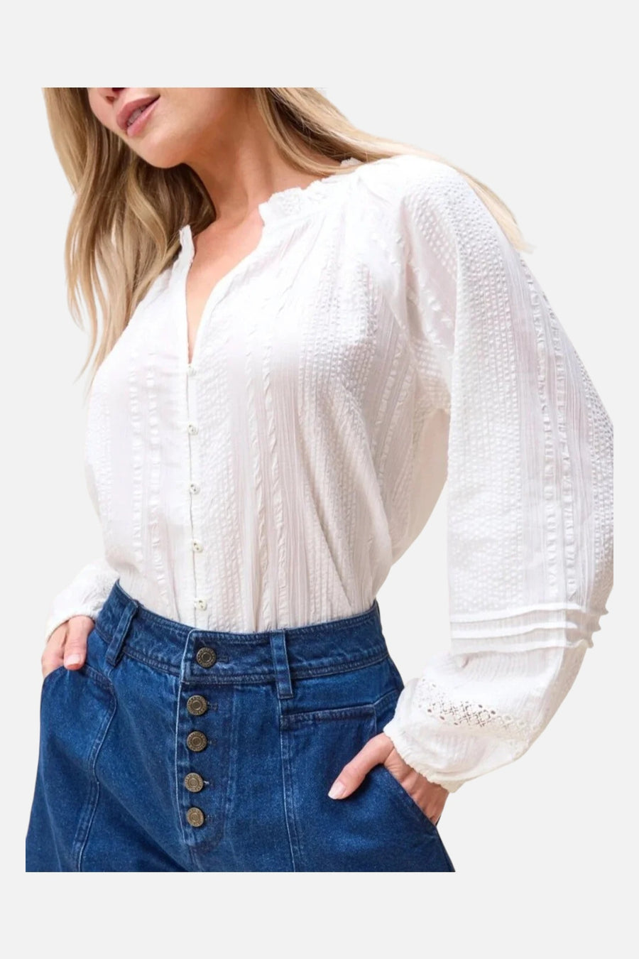 Cleobella Organic Cotton Seersucker Alicia Blouse in Ivory – on model