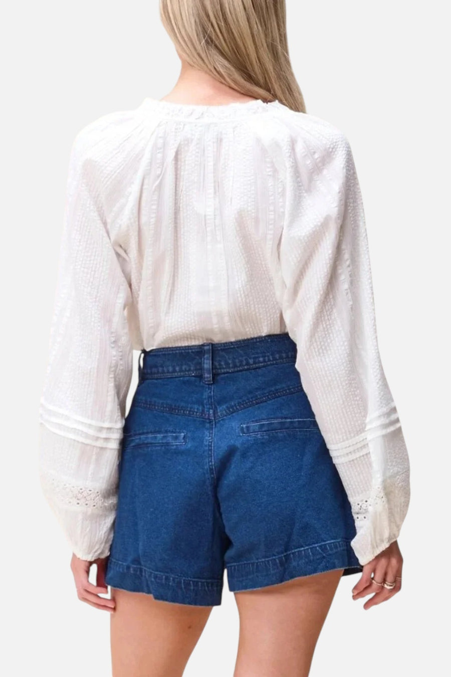 Cleobella Organic Cotton Seersucker Alicia Blouse in Ivory – on model