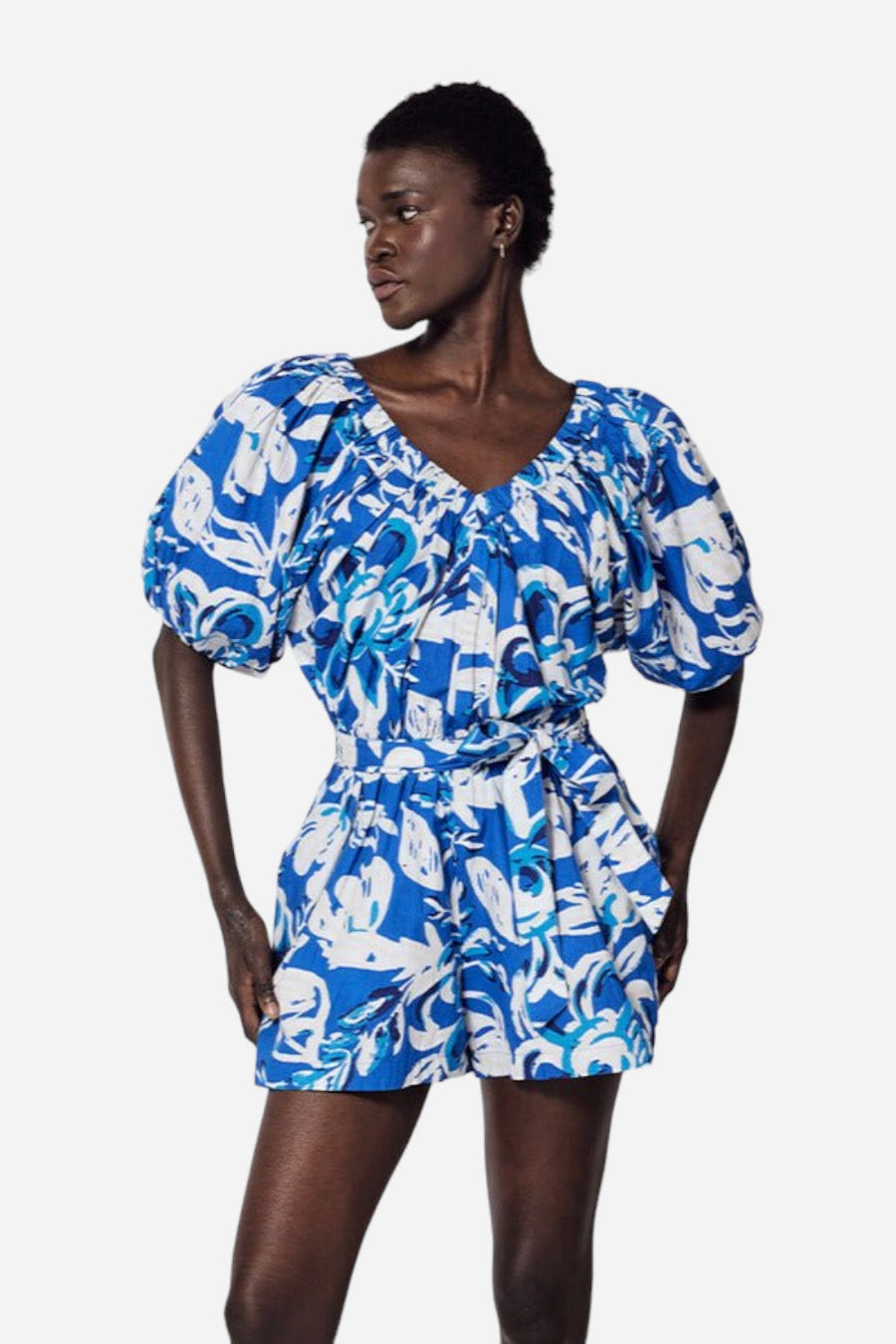 Cleobella Thalia Romper in Azure Print – front view
