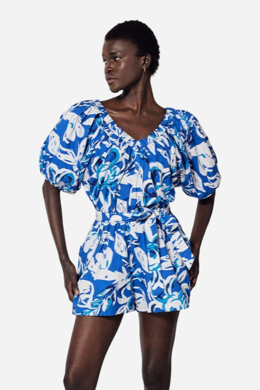 Cleobella Thalia Romper in Azure Print – side view