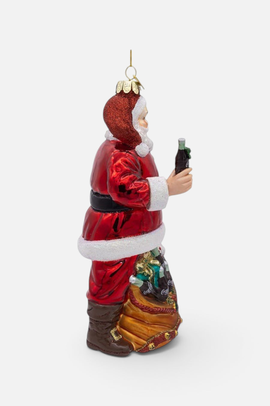 Coca-Cola Glass Santa With Bag Ornament – back view