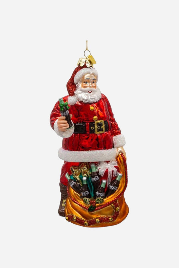 Coca-Cola Glass Santa With Bag Ornament