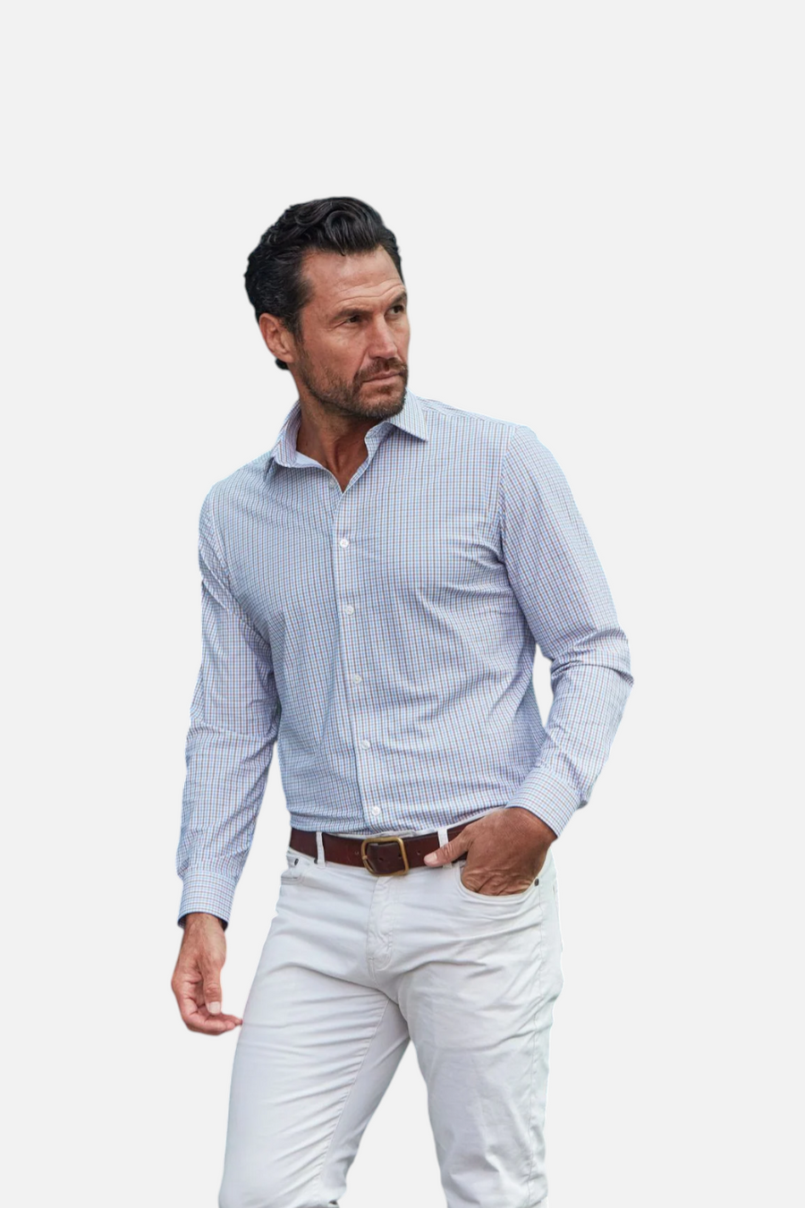 Collars & Co Apex Dress Shirt in Tan and Blue Tattersall – front view