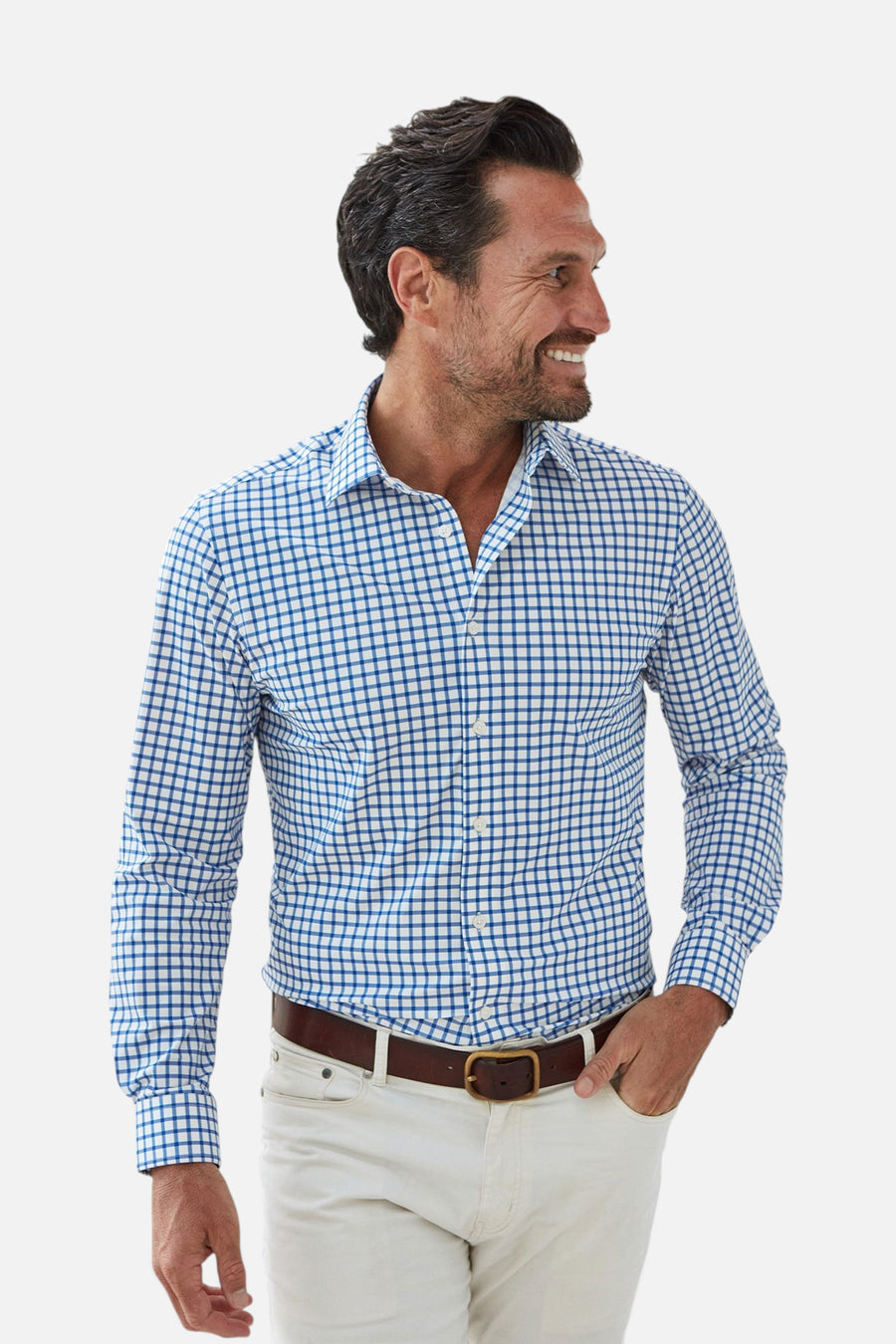 Collars & Co Apex Performance Dress Shirt in Blue Grid Check – front view