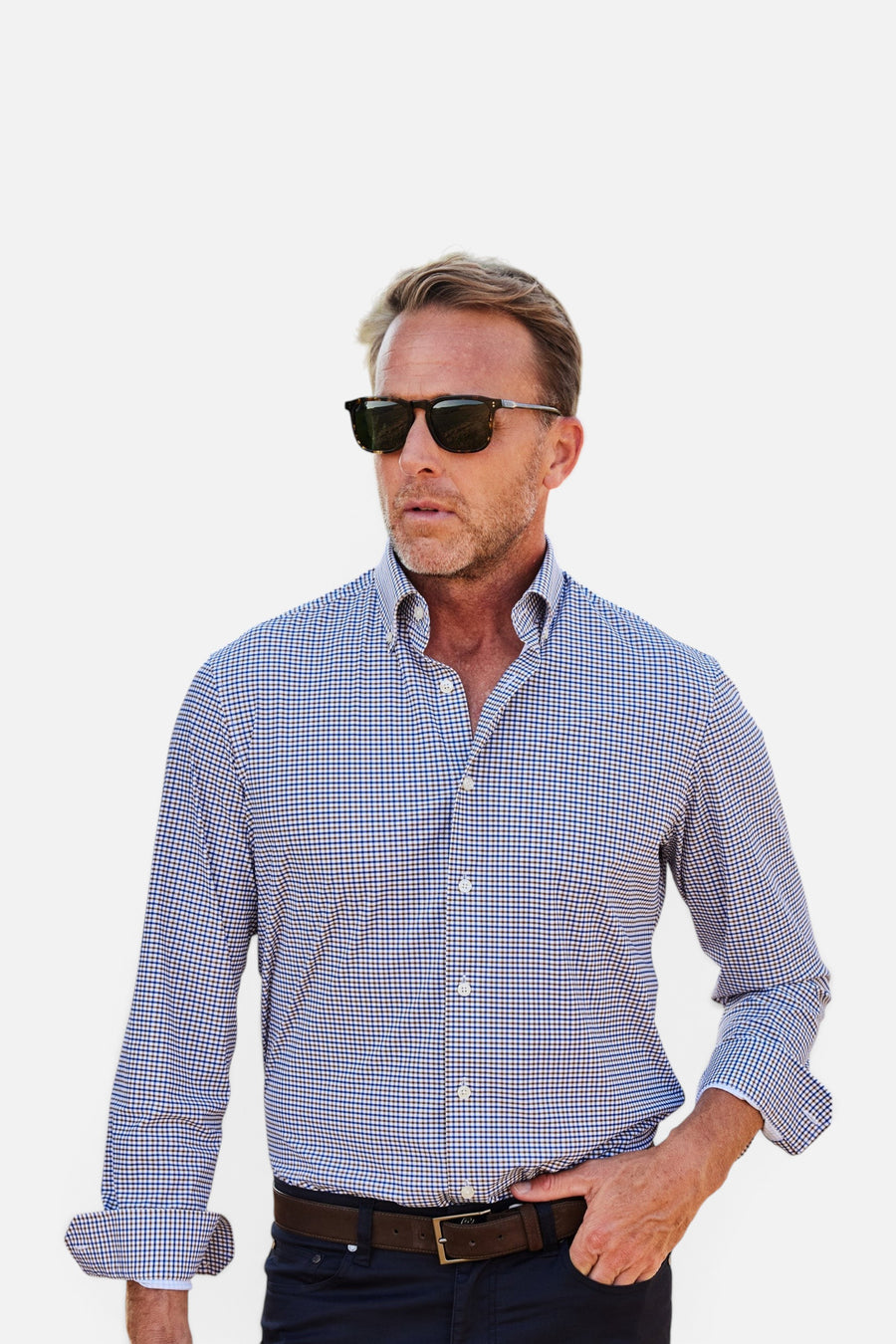 Collars & Co Apex Performance Dress Shirt in Tobacco & Navy Check – back view