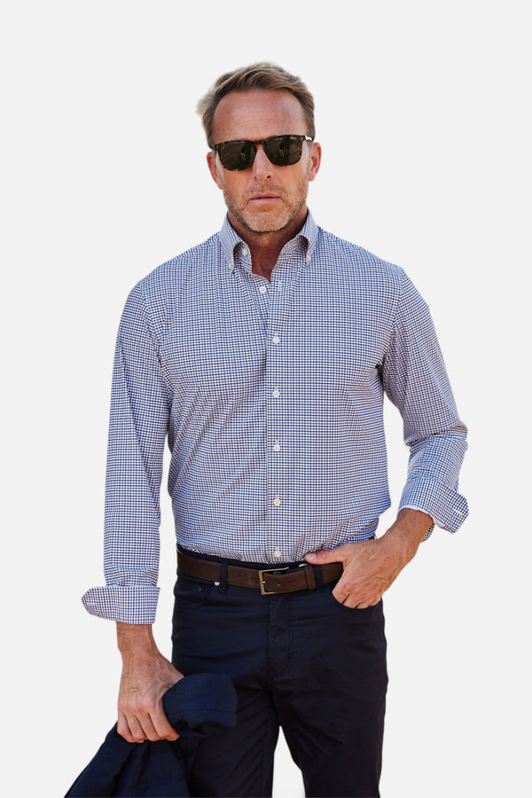 Collars & Co Apex Performance Dress Shirt in Tobacco & Navy Check