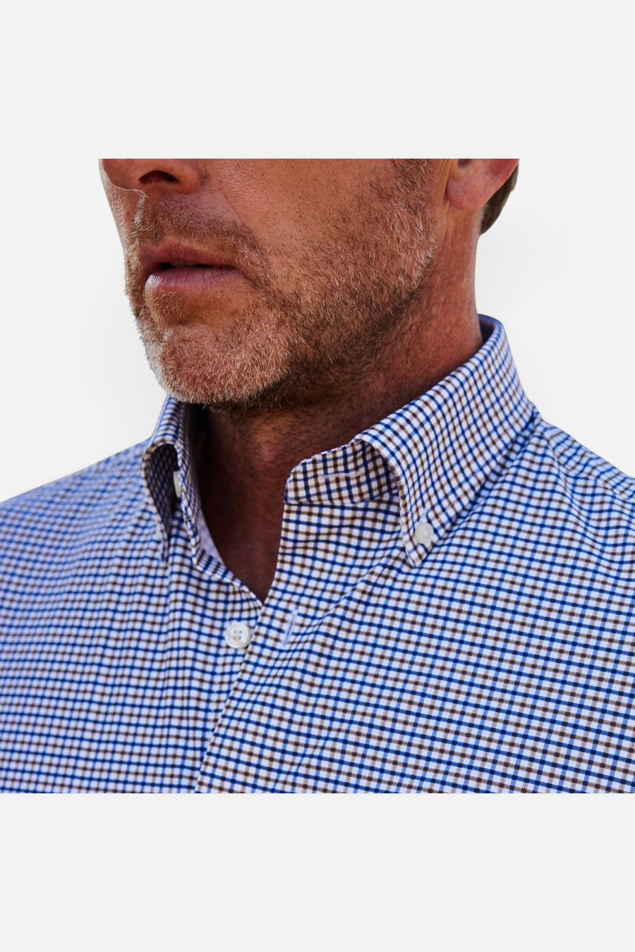 Collars & Co Apex Performance Dress Shirt in Tobacco & Navy Check – side view