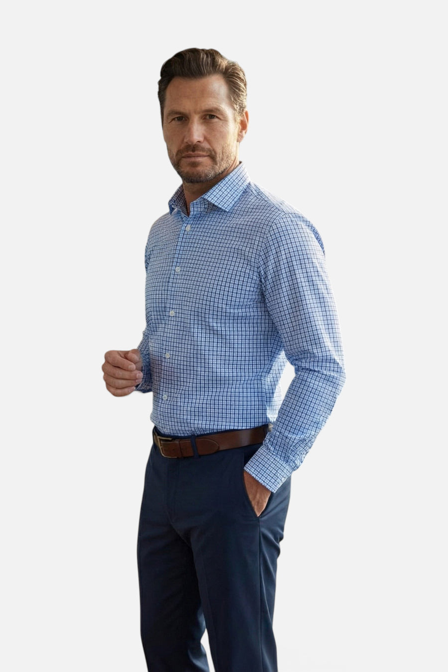 Collars & Co Apex Performance Dress Shirt in Vincento Blue Tattersall – front view