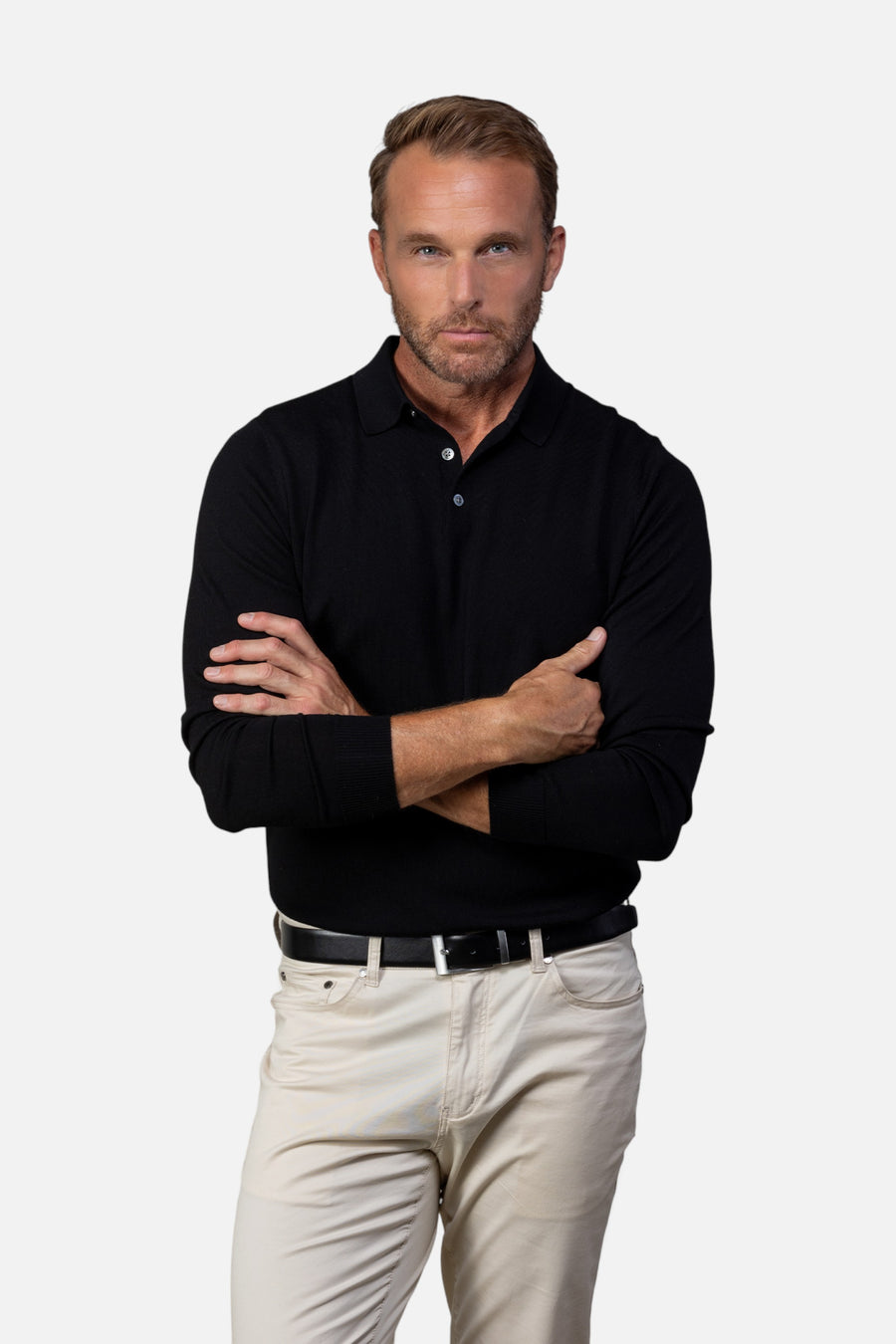 Collars & Co Bellagio Three Button Long Sleeve Merino Polo in Black – detail