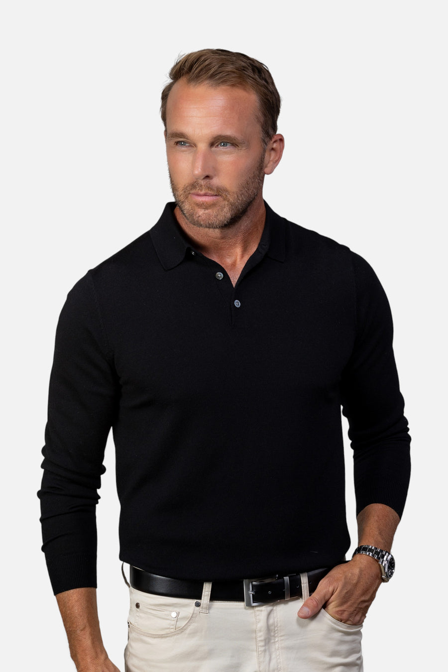 Collars & Co Bellagio Three Button Long Sleeve Merino Polo in Black – front view