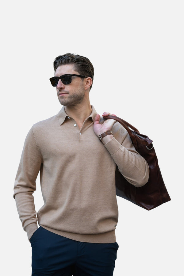Collars & Co Bellagio Three Button Long Sleeve Merino Polo in Camel