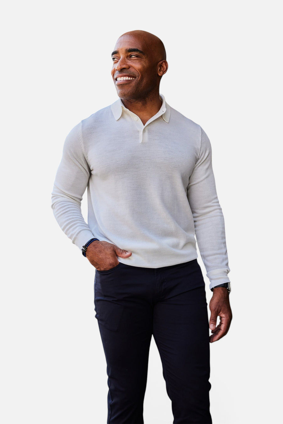 Collars & Co Bellagio Three Button Long Sleeve Merino Polo in Cream – back view
