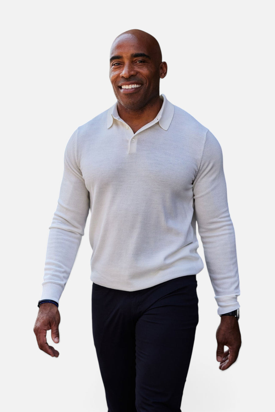 Collars & Co Bellagio Three Button Long Sleeve Merino Polo in Cream – side view