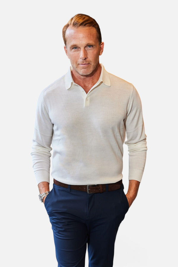 Collars & Co Bellagio Three Button Long Sleeve Merino Polo in Cream