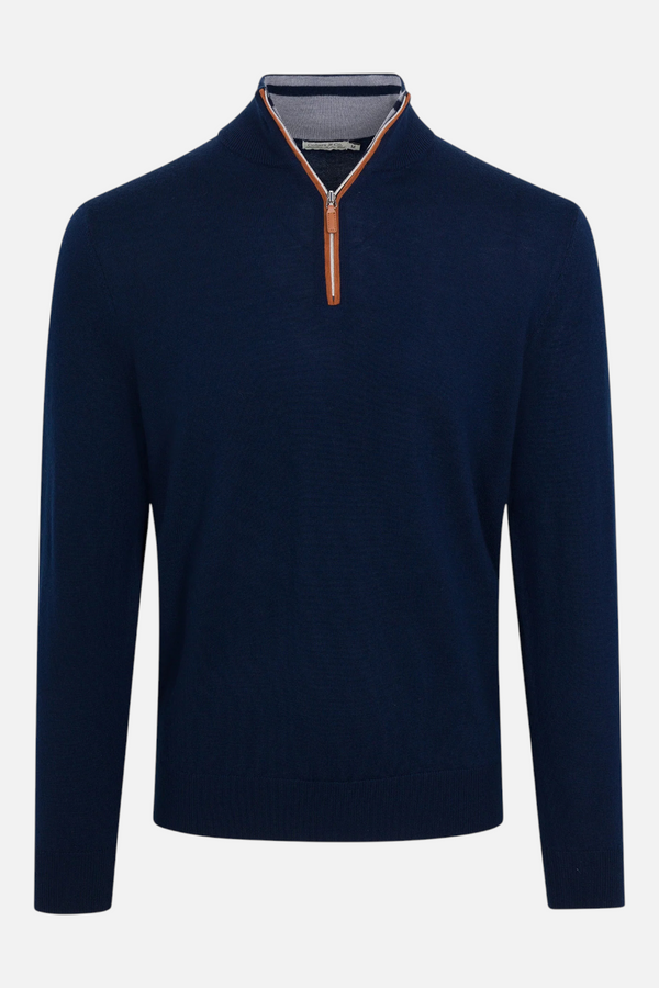 Collars & CO Cashmere Touch Australian Merino 1/4 Zip Sweater in Navy with Brown Suede Trim