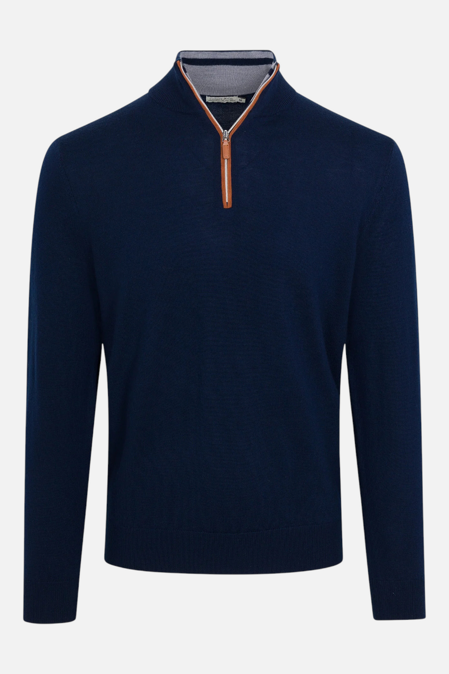 Collars & CO Cashmere Touch Australian Merino 1/4 Zip Sweater in Navy with Brown Suede Trim – front view