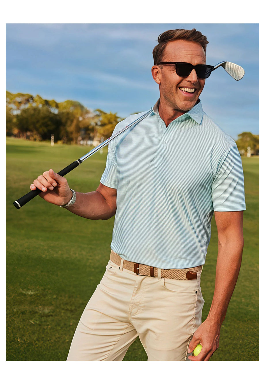 Collars & Co Featherweight Flex Polo in Augusta Green Stripe – detail