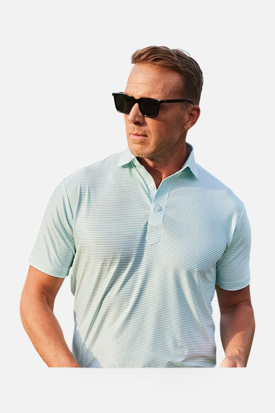 Collars & Co Featherweight Flex Polo in Augusta Green Stripe – flat lay
