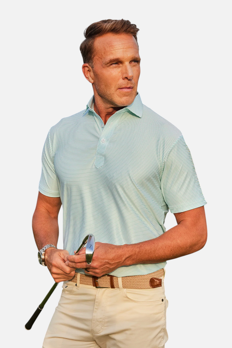 Collars & Co Featherweight Flex Polo in Augusta Green Stripe – front view