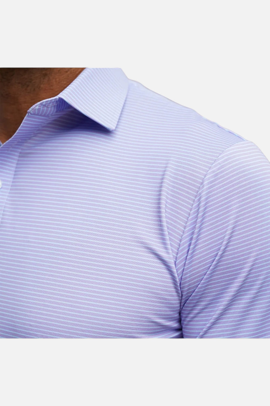 Collars & Co Featherweight Flex Polo in Brookline Lavender With Turquoise Stripe – back view