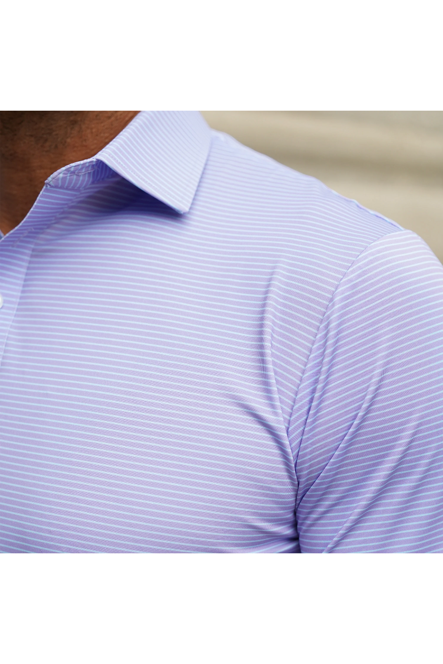 Collars & Co Featherweight Flex Polo in Brookline Lavender With Turquoise Stripe – back view