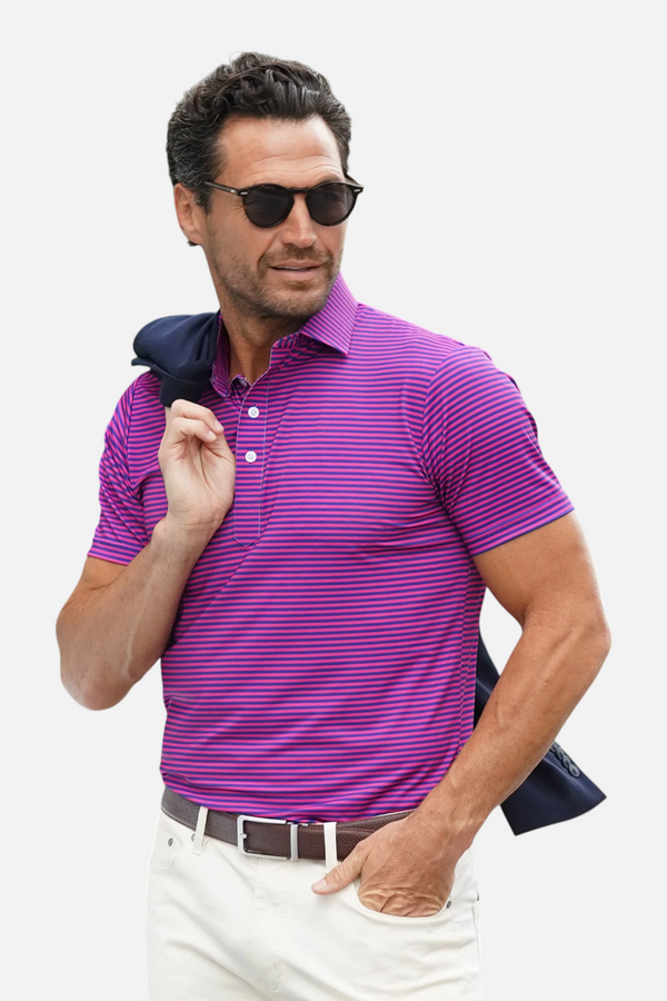 Collars & Co Featherweight Flex Polo in Collins Berry with Navy Stripe