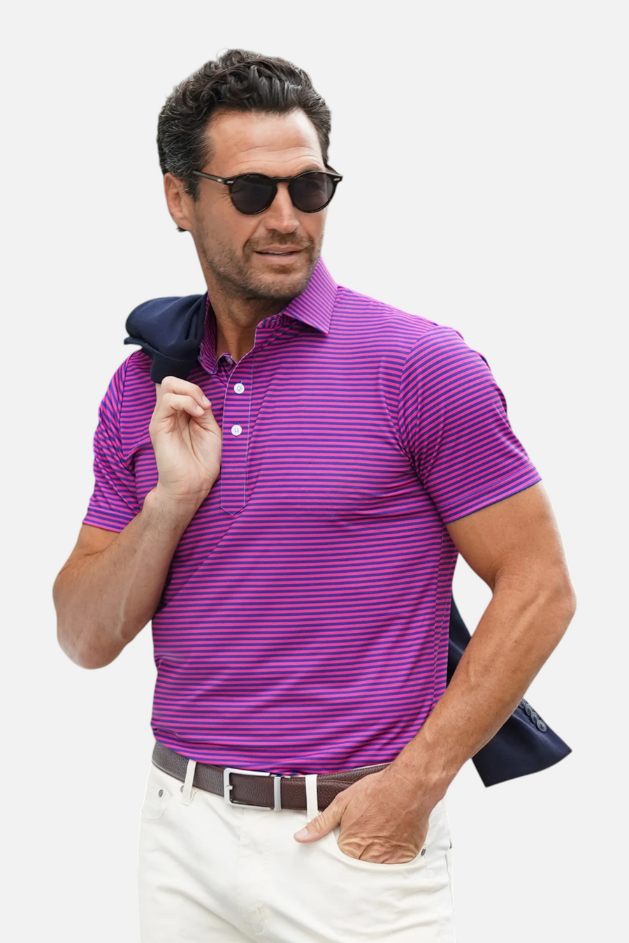 Collars & Co Featherweight Flex Polo in Collins Berry with Navy Stripe – front view