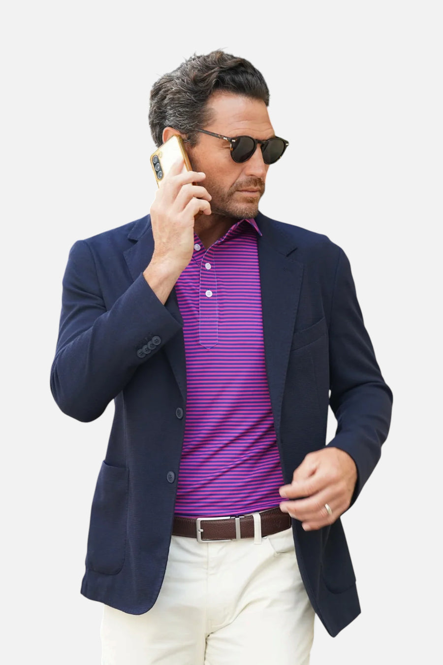 Collars & Co Featherweight Flex Polo in Collins Berry with Navy Stripe – side view