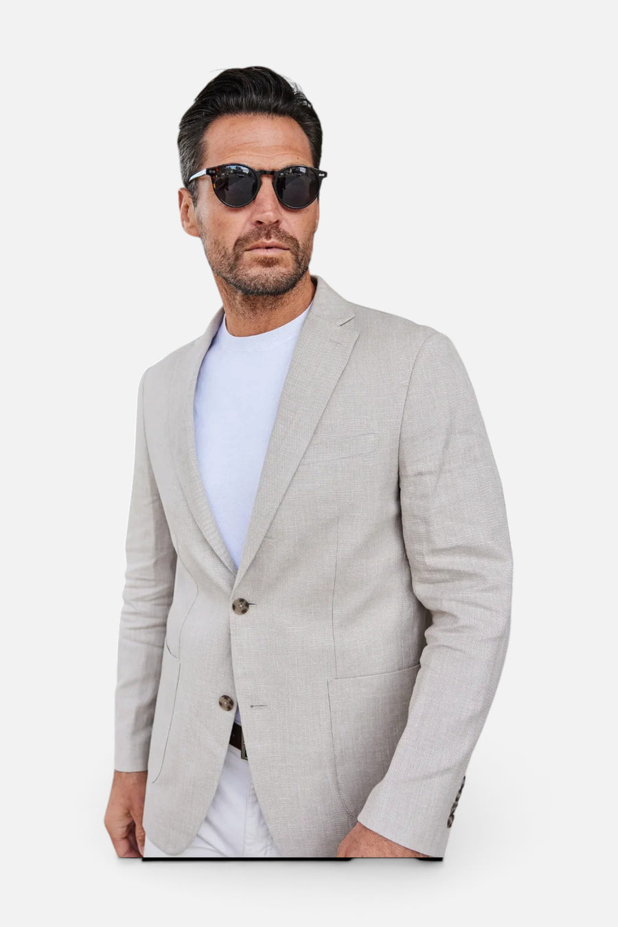 Collars & Co Lorenzo Linen & Cotton Blazer in Sand – flat lay