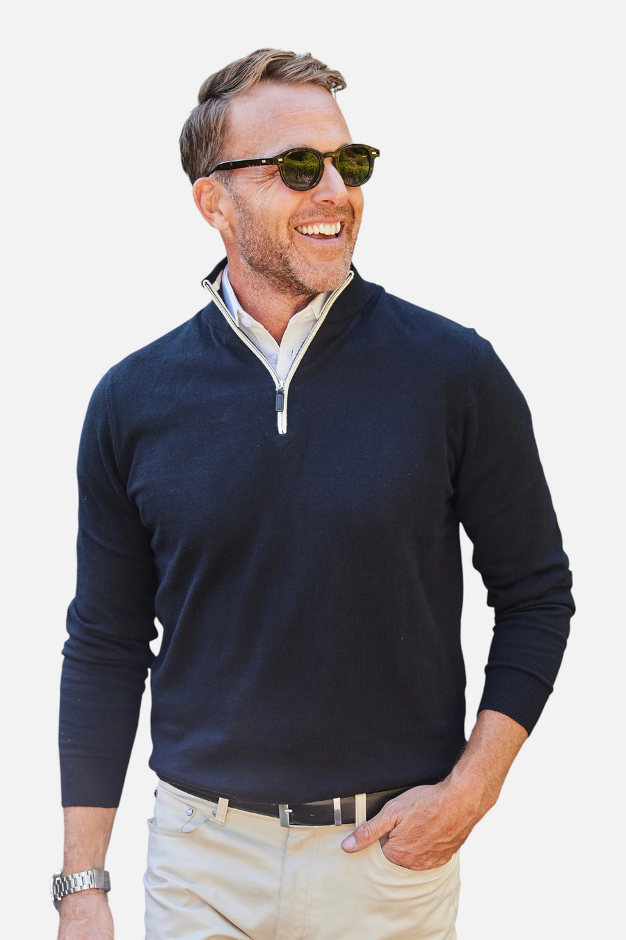 Collars & CO Luxury Touch Cotton and Cashmere Quarter Zip Sweater in Black – front view