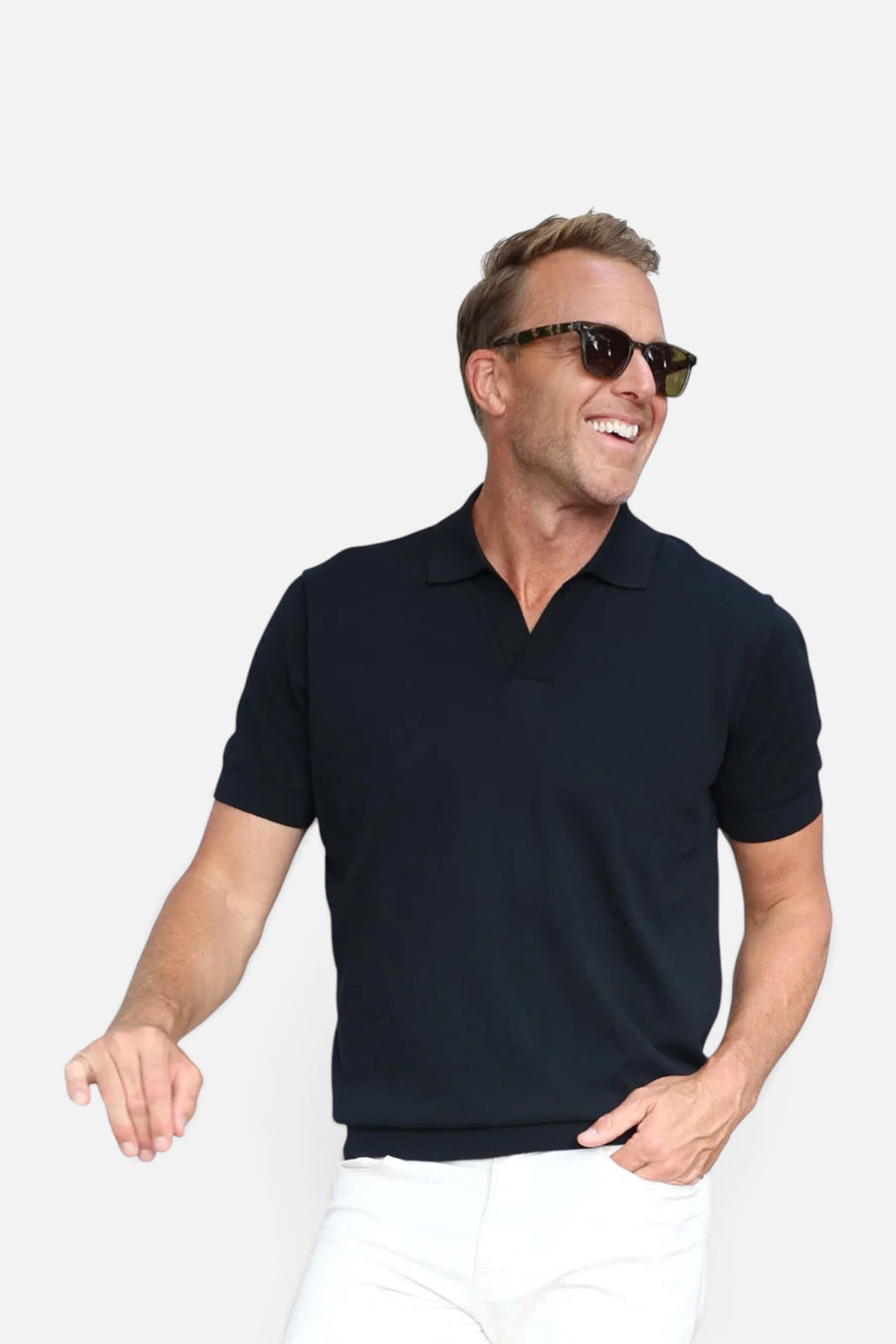 Collars & Co Maranello Mid-Weight Cotton & Silk Buttonless Polo in Black – side view