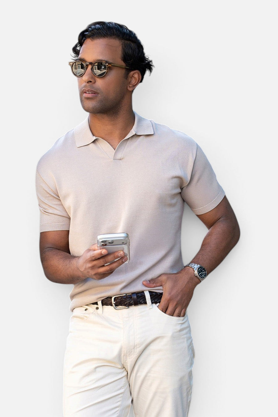 Collars & Co Maranello Mid-Weight Cotton & Silk Buttonless Polo in Sand – on model