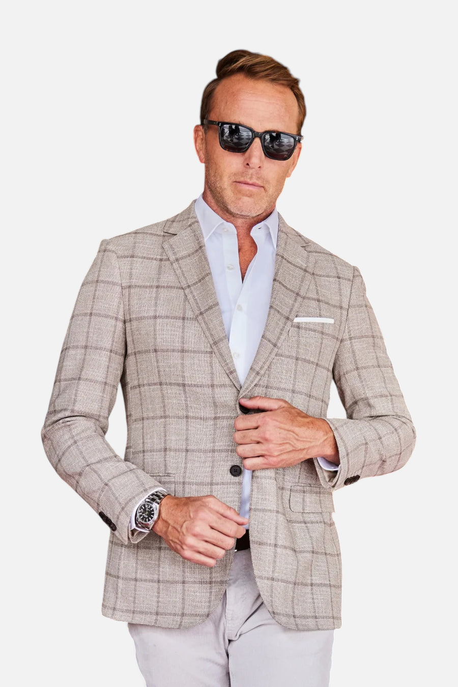 Collars & Co Maverick Travel Blazer in Beige Windowpane – back view