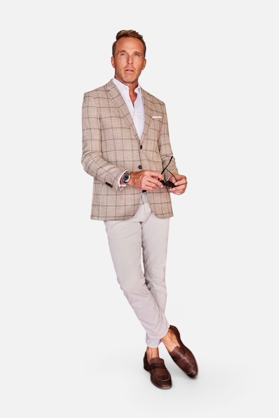 Collars & Co Maverick Travel Blazer in Beige Windowpane – side view