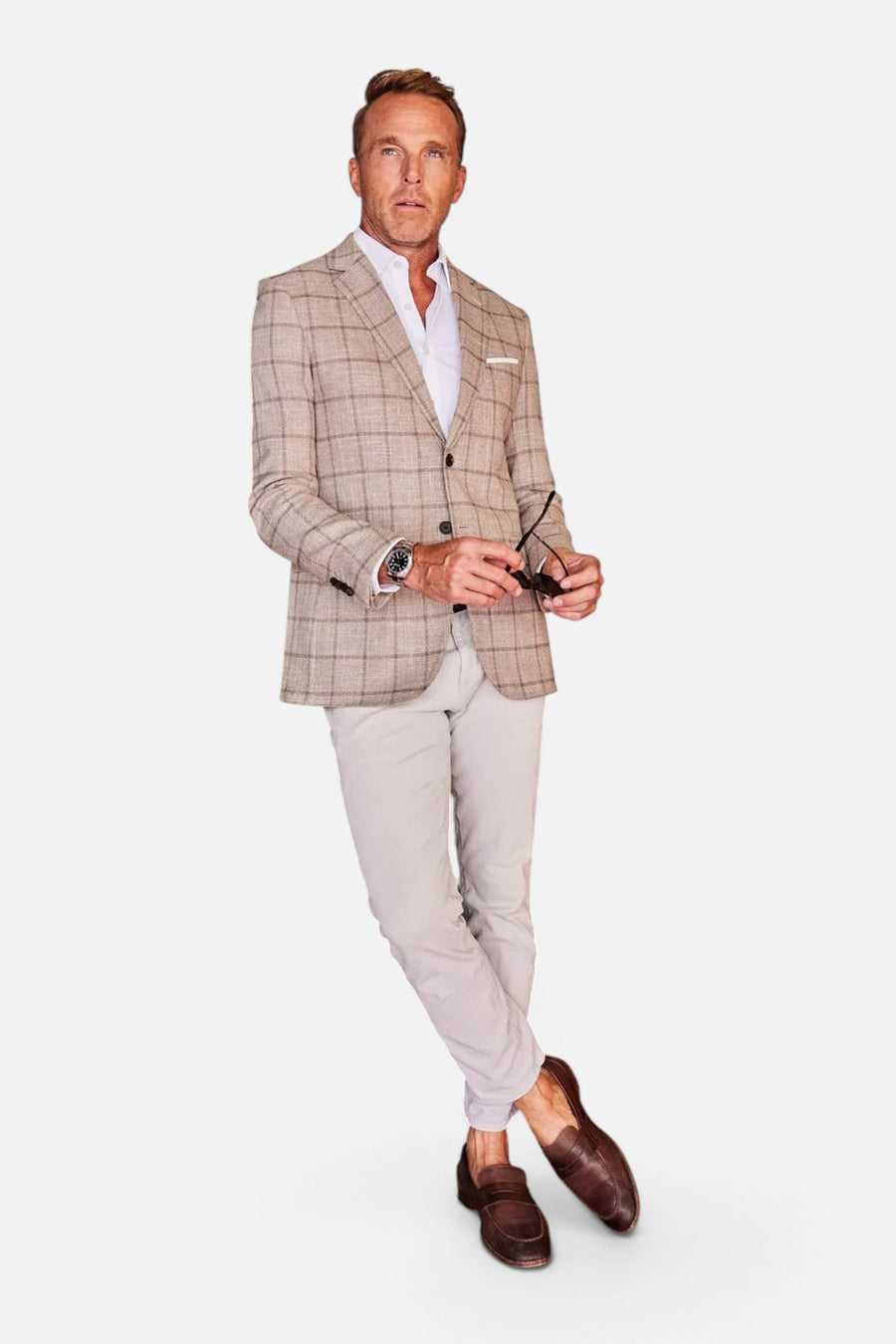 Collars & Co Maverick Travel Blazer in Beige Windowpane – on model