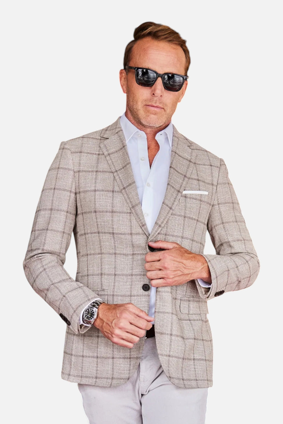 Collars & Co Maverick Travel Blazer in Beige Windowpane – on model