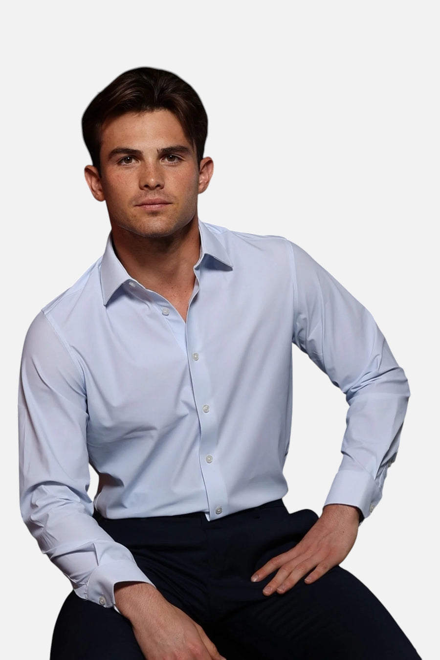 Collars & Co Men's Apex Performance Dress Shirt in Glacier Blue Twill – on model